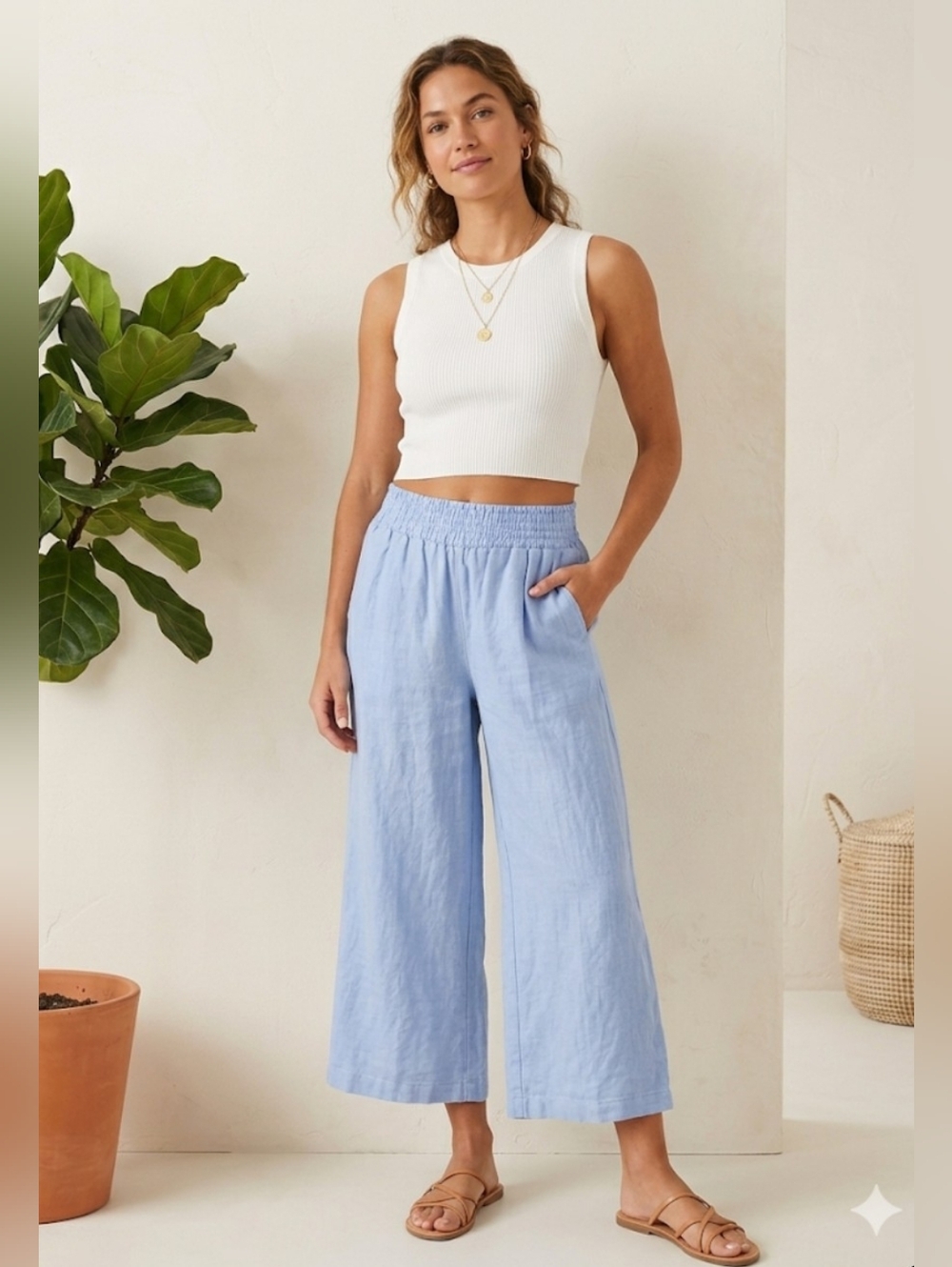 Anthropologie Somerset, 100% Linen, LP, Large Petite Pull-on Smocked Waist